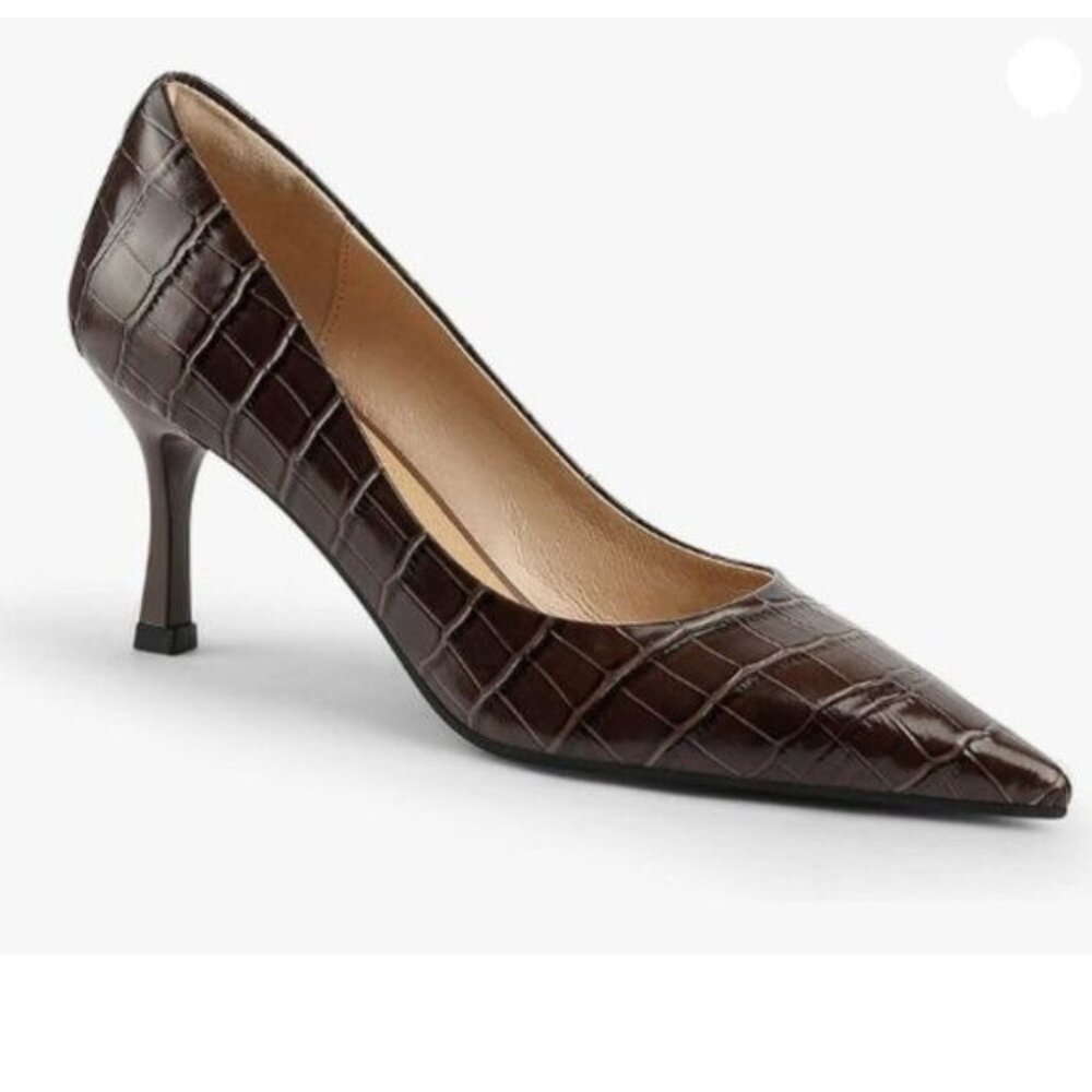 Fowt Simple Solid Croc-Embossed Pointed Toe Black… - image 1